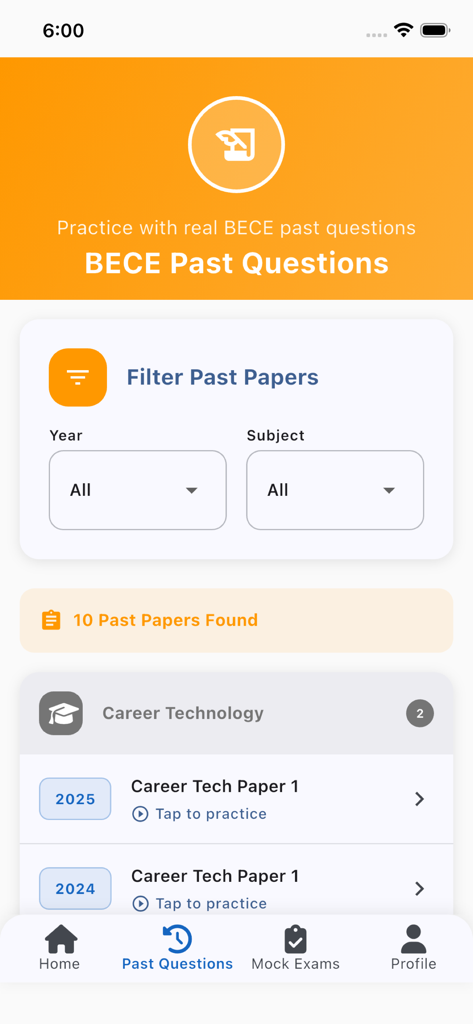 BECE Past Questions & Mocks - Interface do aplicativo Questões Anteriores do BECE mostrando filtros de provas por ano e disciplina
