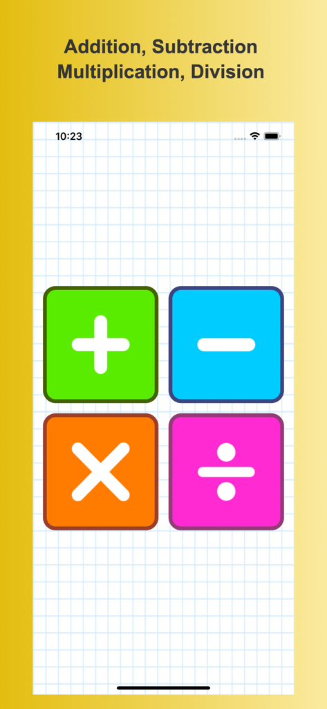 Interface of Splash Math showing large colorful buttons for addition subtraction multiplication and division on a grid background