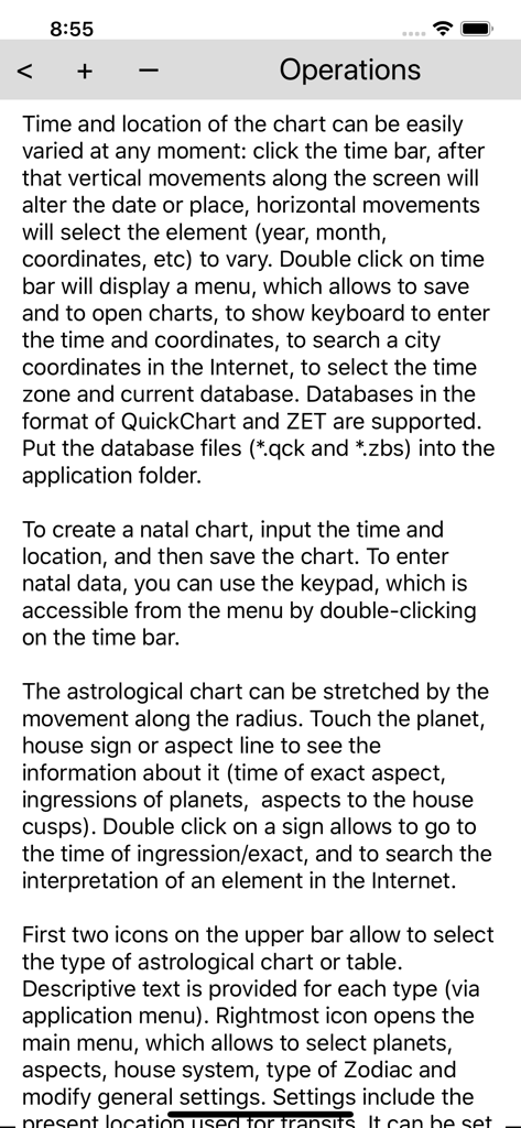 Technical help screen in the AstroVizor app detailing instructions for managing astrological charts and settings.