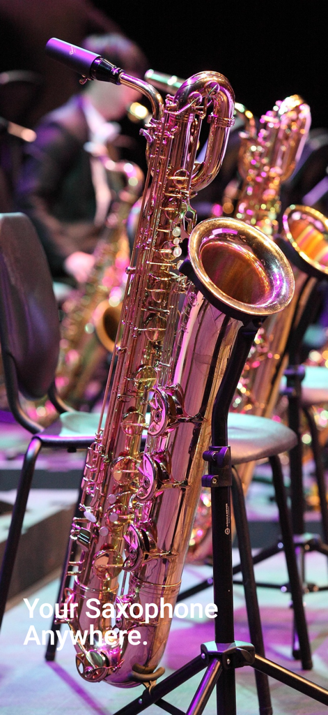 Saxophone Sim - A golden saxophone on a stand in an orchestral setting with text saying Your Saxophone Anywhere.
