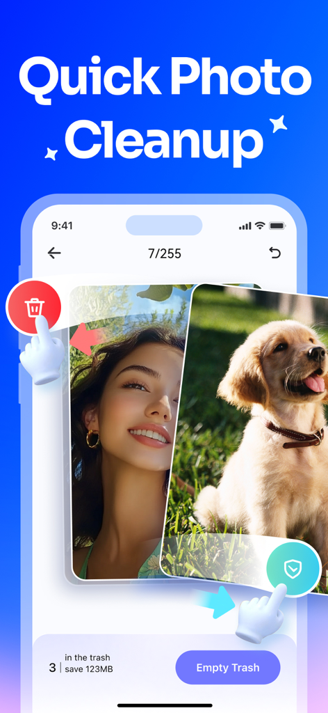 MobileClean - Photo Cleaner - Interfaz de la aplicación MobileClean que muestra una función de limpieza rápida de fotos con botones para eliminar o conservar fotos de una mujer y un cachorro.