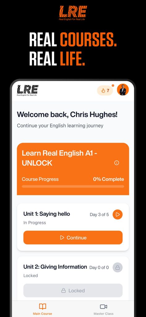 LRE® - Learn Real English - Screenshot of the Learn Real English app dashboard showing lesson units and course progress