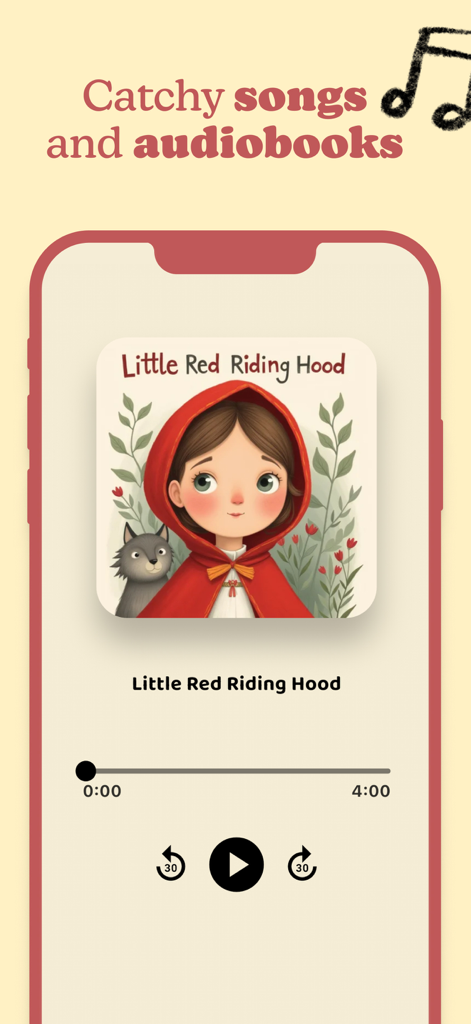 Super Stories: Smart Tales - Interfaz del reproductor de audiolibros para Caperucita Roja en la aplicación Super Stories.