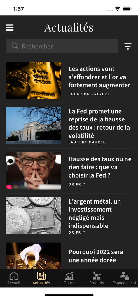 La sección de noticias de la aplicación GoldBroker mostrando artículos sobre tendencias de inversión en oro y plata