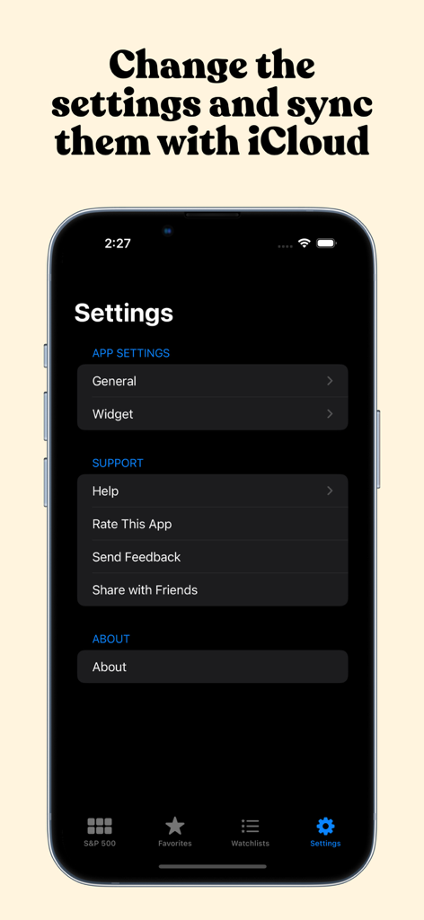 Stock Map settings menu with iCloud sync and widget configuration