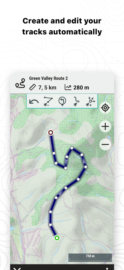 TwoNav 6: Routes and Maps - Smartphone screen showing a topographic map with a planned route and editing tools in the TwoNav 6 app