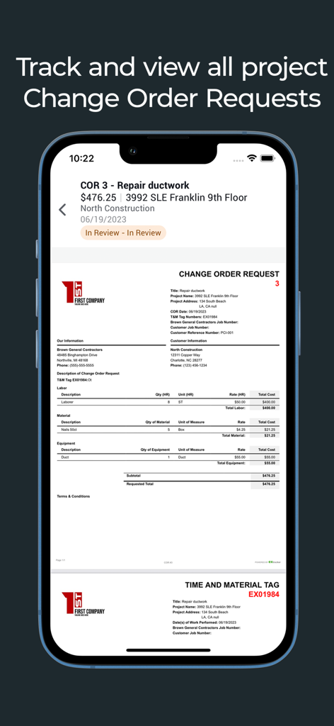 Clearstory App-Oberfläche, die eine Projekt-Nachtragsanforderung mit einer Aufschlüsselung der Kosten anzeigt