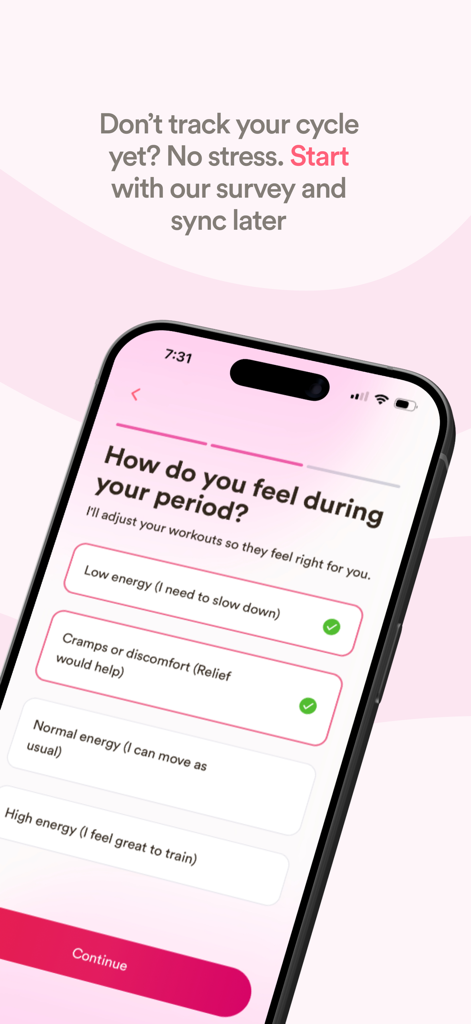 Ova: Move with Your Cycle - A survey screen in the Ova app asking users about their energy levels and discomfort during their period to personalize workout suggestions.