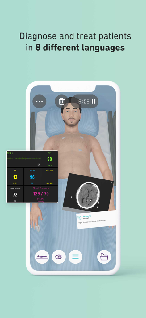 Body Interact - Medical simulation screen showing patient vital signs and a head scan.
