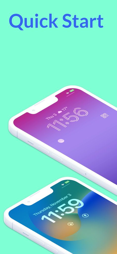 Quick Start  -  widget - Two iPhones showcasing customized lock screens with quick start widgets on a mint background.