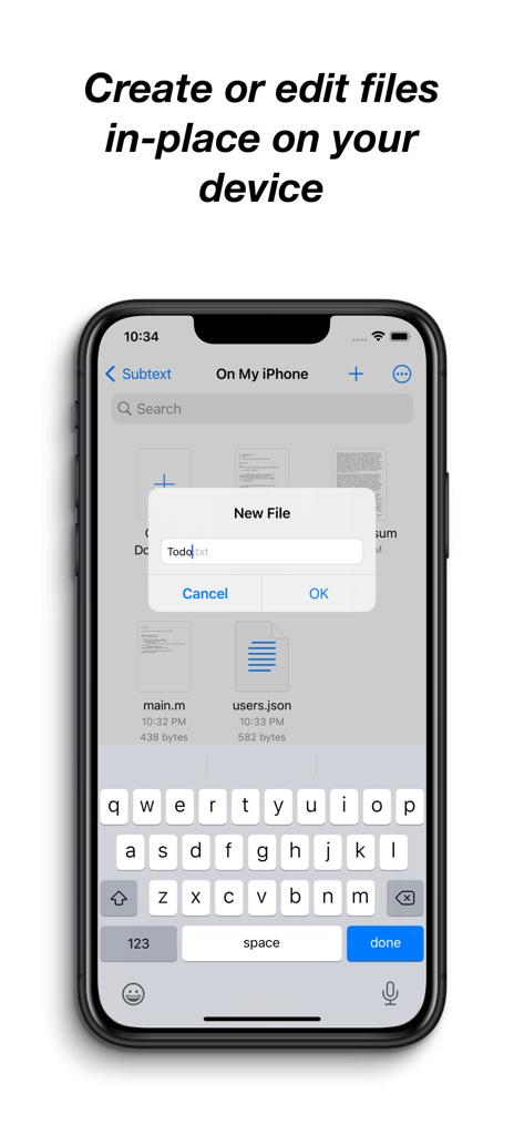 Subtext - iPhone screenshot of Subtext app showing the creation of a new text file directly on the device.