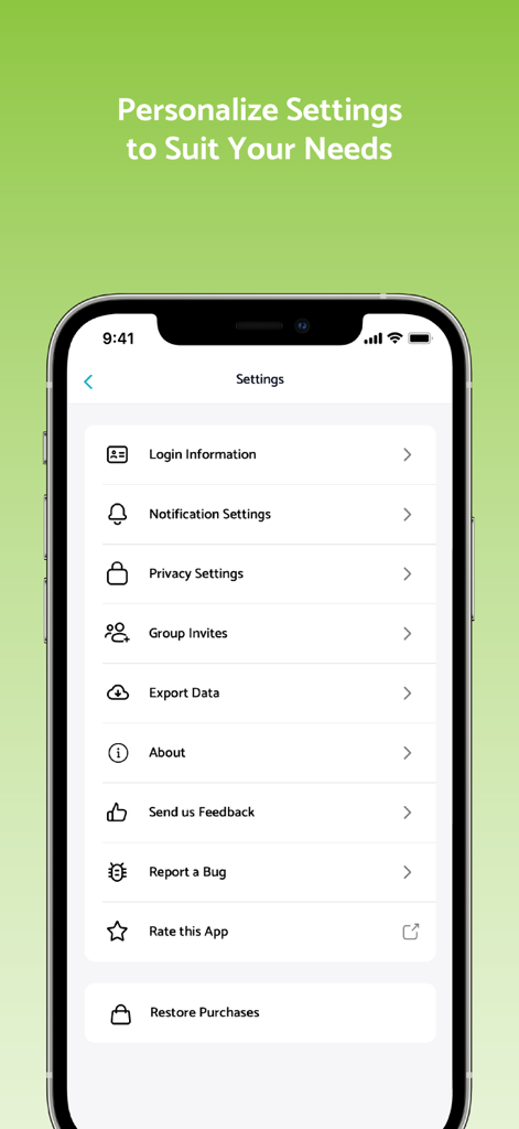 Settings menu of the Real Estate Investor Connect app showing personalization options for notifications and privacy.