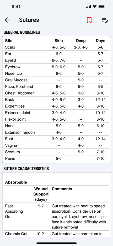 palmEM AI: EM Quick Reference - Suture guidelines and characteristics chart showing recommended sizes and removal times for various body parts