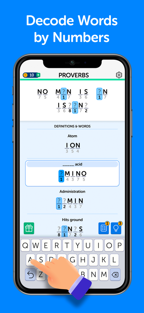 Uno schermo di telefono cellulare che mostra l'interfaccia del gioco di puzzle di parole Sort It Out dove un giocatore decifra un proverbio usando la logica e indizi numerici.