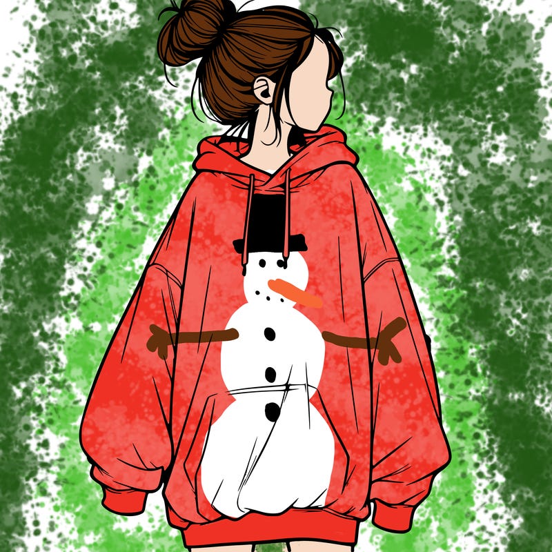 realistic girl with a oversized sweatshirt on and a bun