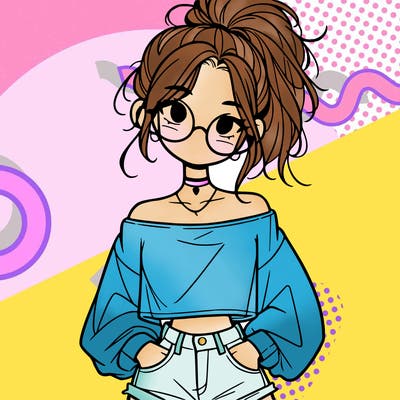 girl with a messy ponytail glasses a baggy crop top and jean shorts