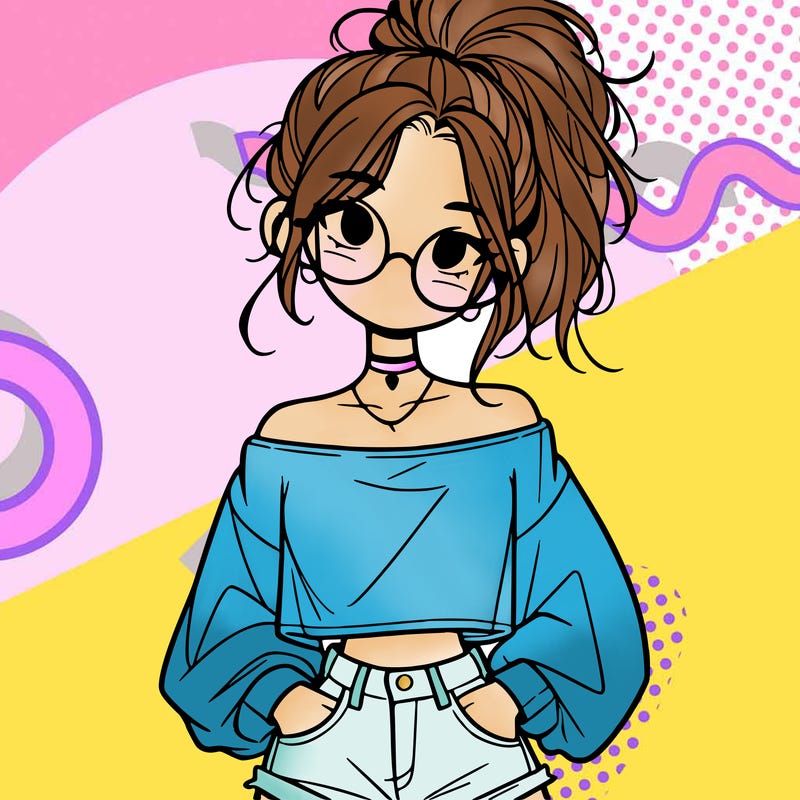 girl with a messy ponytail glasses a baggy crop top and jean shorts