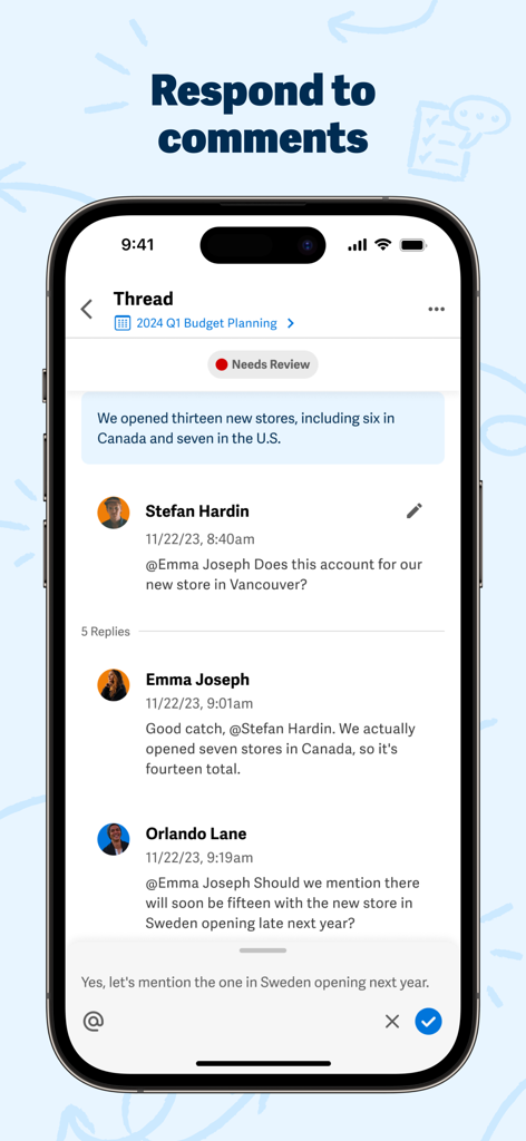 Interfaccia dell'app mobile Workiva che mostra un thread di commenti collaborativo per la pianificazione del budget su un iPhone.