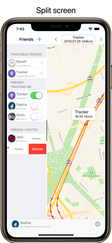 GPS Tracker+ - Interface de l'application GPS Tracker plus montrant un écran partagé avec une liste d'amis et un suivi de localisation en temps réel sur une carte