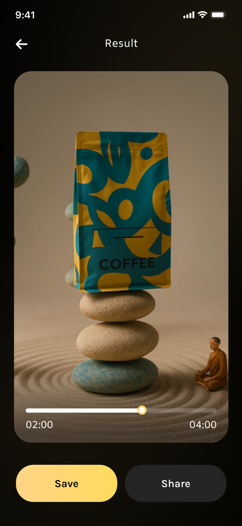 AI CGI Ads Studio: Video Ads - AI generated 3D CGI video ad result for a coffee product in a zen garden