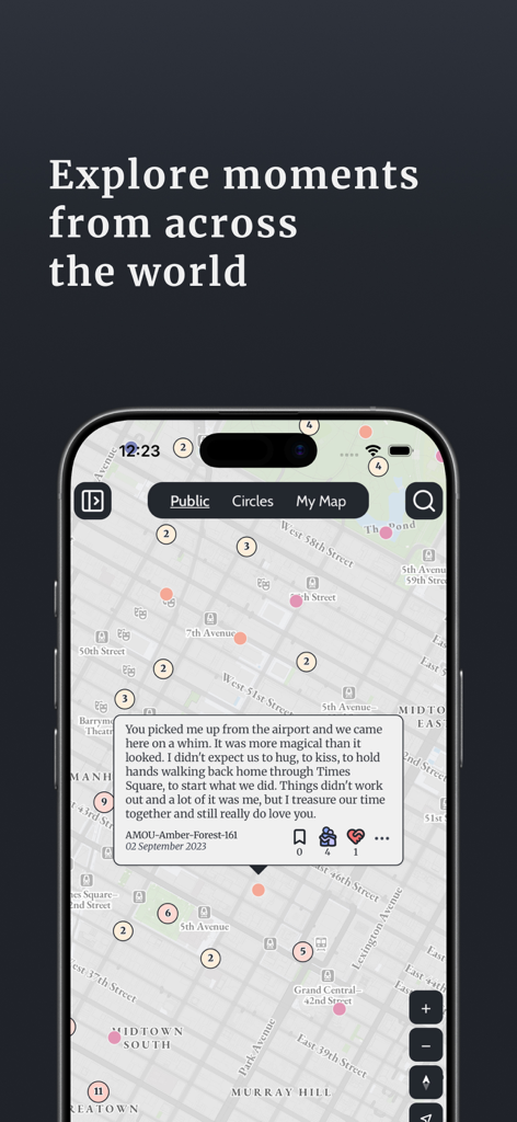 AMOU: A Map Of Us - AMOU app map interface showing a sentimental story pinned to a location