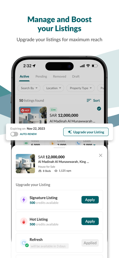 Bayut KSA - Real Estate - Interface for managing and boosting real estate listings on the Bayut KSA app