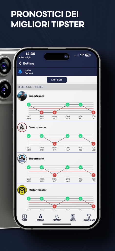 Un elenco di tipster di scommesse sportive e i loro grafici di rendimento nell'app DirettaGoal.