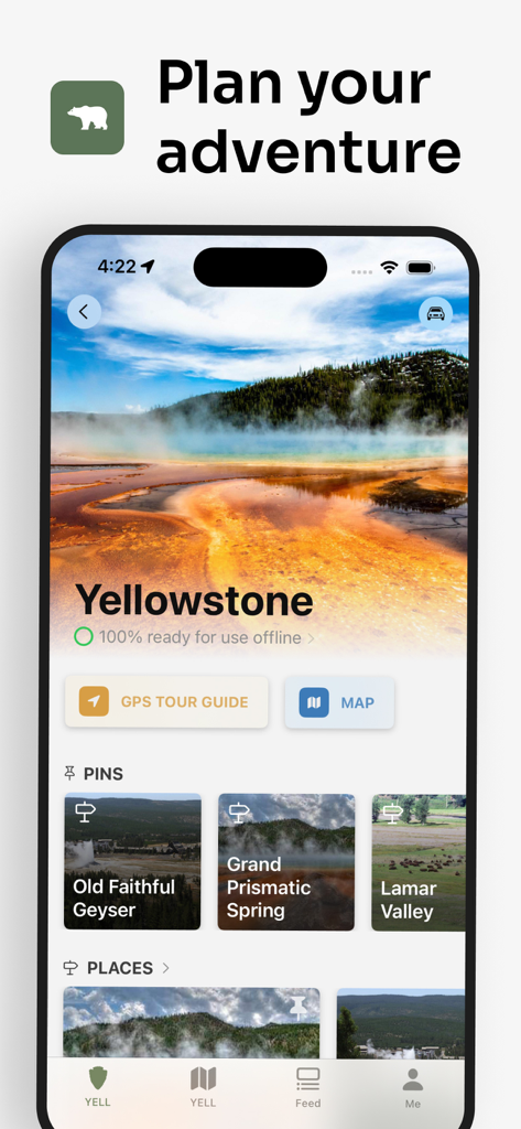 イエローストーン国立公園のガイド、オフラインアクセス、GPSツアーガイド、オールドフェイスフルやグランドプリズマティックスプリングのピンを示すParkwolfアプリ画面。