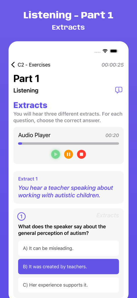 Interfaccia dell'app Simulatore d'Esame Cambridge C2 che mostra un esercizio di pratica di Listening Part 1 con lettore audio e domande a scelta multipla