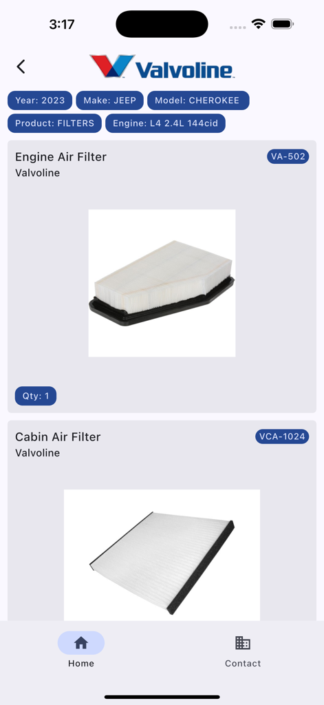 Filter and Wiper Part Lookup - Valvoline app screen showing engine and cabin air filter results for a 2023 Jeep Cherokee