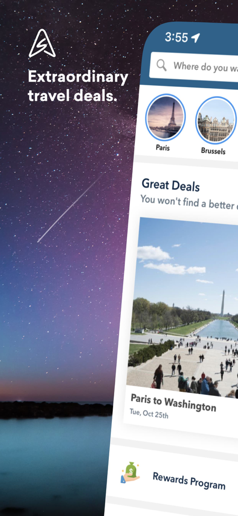 Interface of the Skiplagged app showcasing flight deals and destination options.