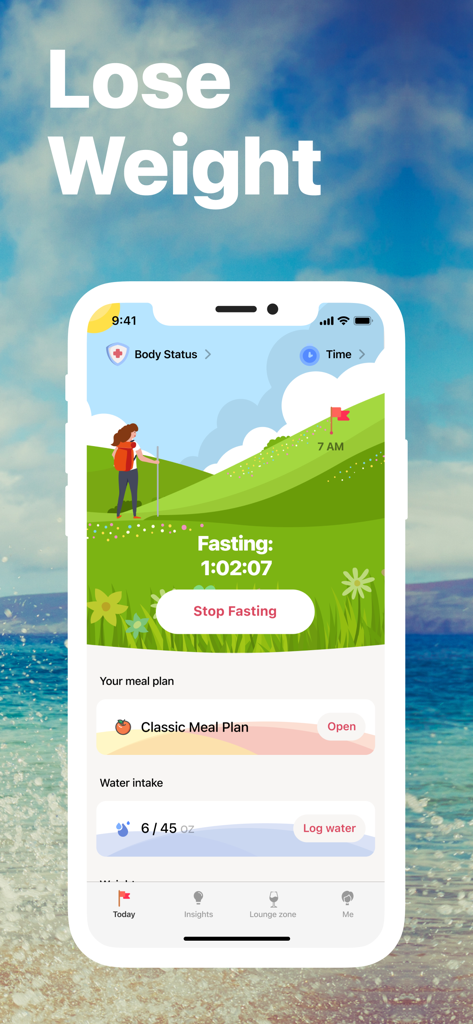 Prime Intermittent Fasting app interface displaying a fasting timer meal plan and water tracker with a Lose Weight header
