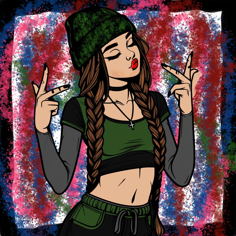 realistic teenage girl with braids and a beanie and crop top doing 🫶🏼