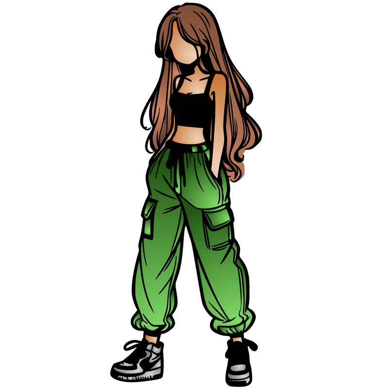 girl in baggy pants crop top and long hair