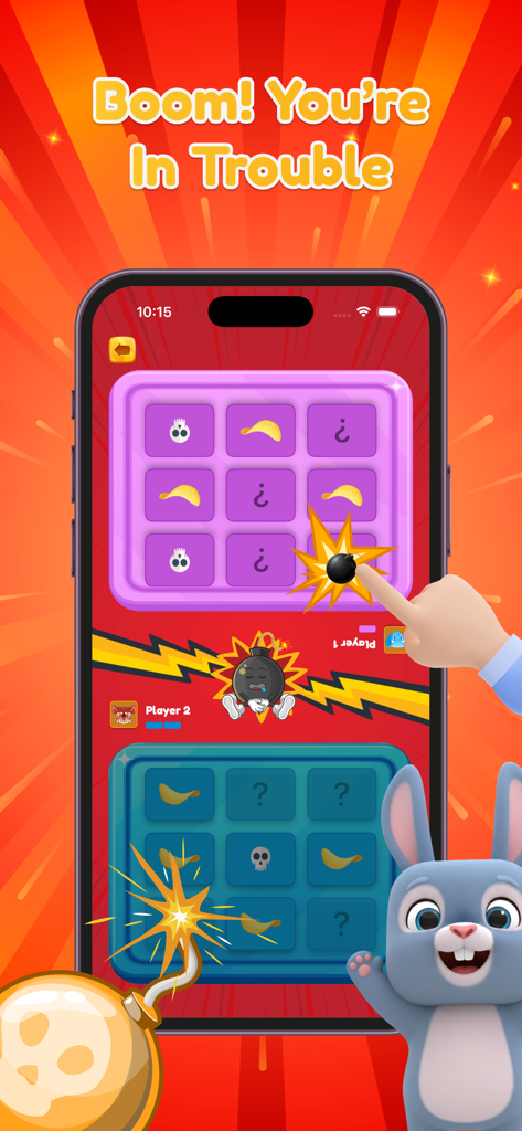 Bomb Challenge Duel Game - A gameplay screenshot of the Bomb Challenge Duel Game featuring two player snack grids and a bomb explosion effect
