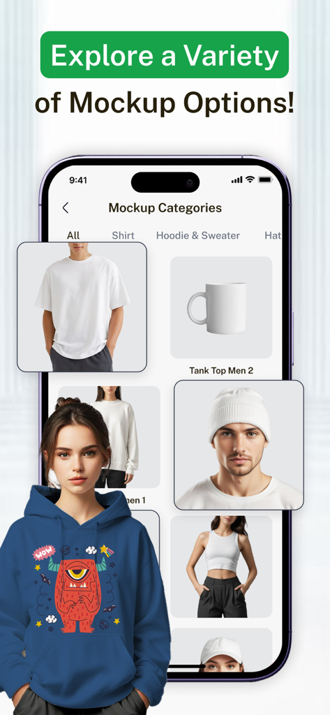 T Shirt Designer AI Design - シャツ、マグカップ、パーカーなどの様々な製品モックアップカテゴリを表示するTシャツデザイナーAIデザインアプリのインターフェース