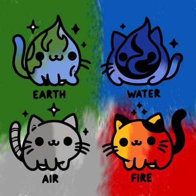 4 cats that represent the different elements, earth, water, air, and fire