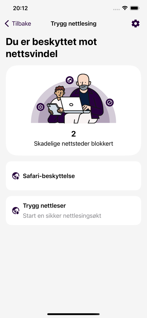 Telia Trygg - Telia Trygg app interface showing safe browsing status and blocked harmful websites
