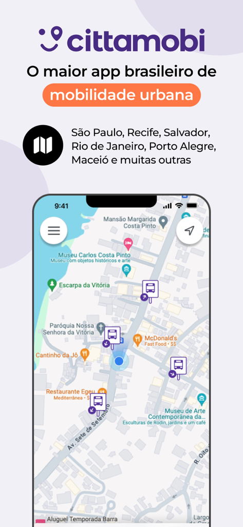 Cittamobi app interface showing a city map with transit icons and bus stops for urban mobility in Brazil