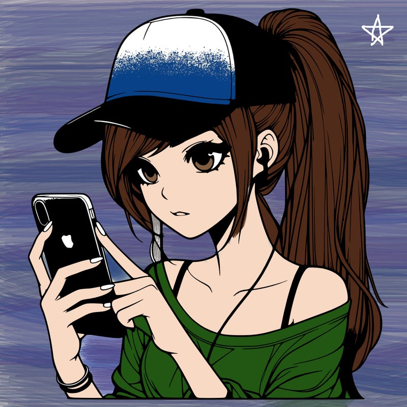 realistic girl with a long ponytail and trucker hat holding an iphone