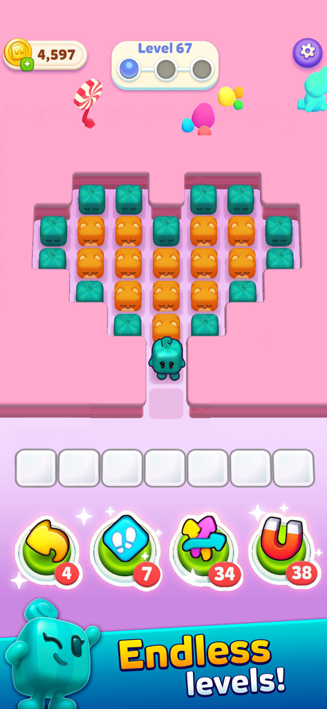 Block Jam - 3D Block Puzzle - Gameplay of Block Jam 3D showing a heart shaped arrangement of colorful blocks and a tray for matching tiles