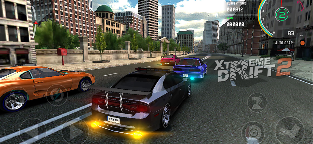 Multiple customized sports cars racing on a city street in Xtreme Drift 2 gameplay