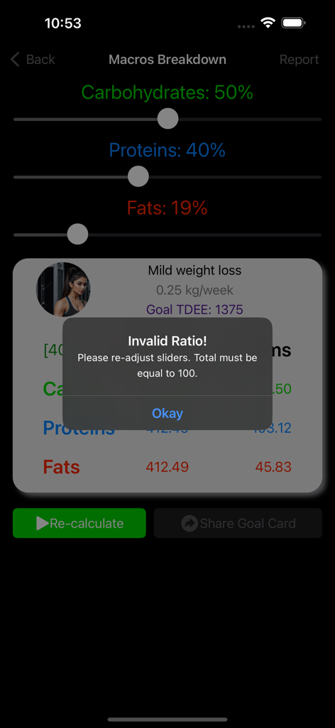TDEE Calculator app screen showing a validation alert for an invalid macronutrient ratio total.