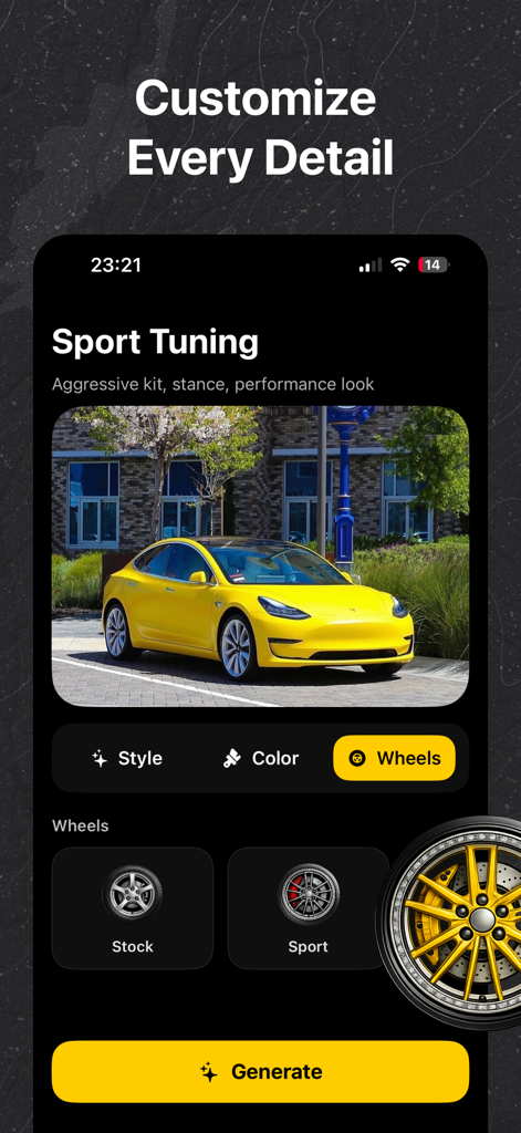 AI Car Designer & Customizer - Écran de l'application AI Car Customizer montrant les options de tuning sportif et la sélection de roues pour une Tesla jaune.