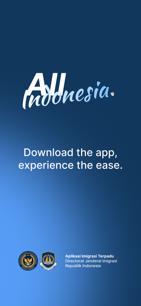 Schermata di avvio ufficiale dell'app All Indonesia con il logo e le credenziali governative.