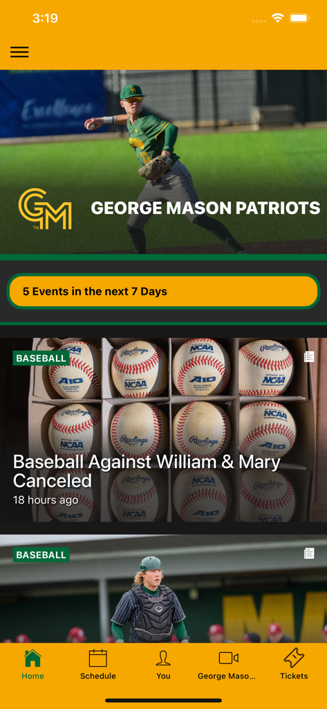 George Mason Patriots official sports app home screen displaying collegiate baseball news and upcoming events
