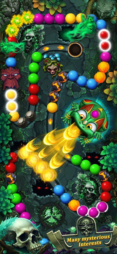 Jugabilidad de Zumba Classic Marble Blast mostrando un tirador de ranas y canicas coloridas en un nivel de jungla