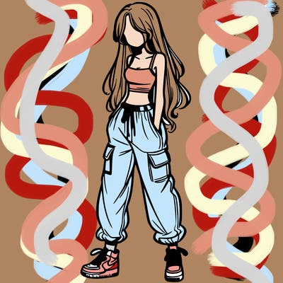 girl in baggy pants crop top and long hair