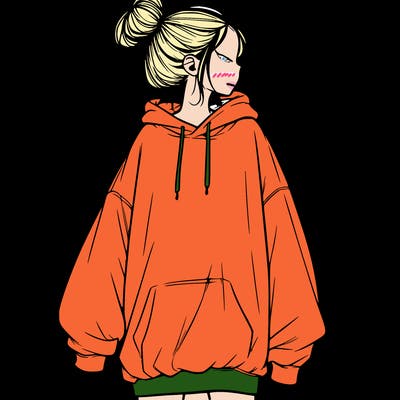 realistic girl with a oversized sweatshirt on and a bun