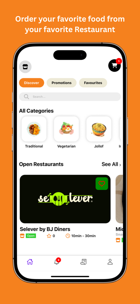 Pantalla de la aplicación de entrega de comida ASAP que muestra varias categorías de alimentos y restaurantes abiertos.